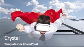  Presentation with virtual reality - Presentation design consisting of display courage - businessman superhero wearing virtual reality background and a gray colored foreground