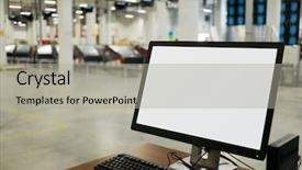  Presentation with workplace - Audience pleasing theme consisting of display of computer at workplace backdrop and a light gray colored foreground