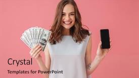  Presentation with happy image - Amazing slide deck having display of smartphone and money backdrop and a coral colored foreground