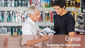  Presentation with cordless - PPT theme featuring display packaging - father and son looking background and a coral colored foreground