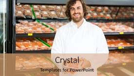  Presentation with butcher shop - Colorful presentation design enhanced with display packaging - portrait of happy salesman holding backdrop and a coral colored foreground