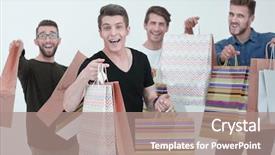  Presentation with celebrate - Colorful presentation design enhanced with display packaging - young people celebrate with packages backdrop and a coral colored foreground