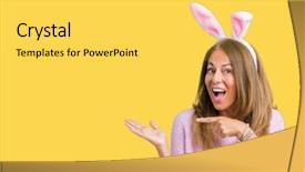  Presentation with rabbit - Colorful presentation enhanced with display promotion - middle age brunette woman wearing backdrop and a yellow colored foreground
