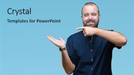  Presentation with finger - Slide deck enhanced with display promotion - young caucasian hipster man background and a light blue colored foreground