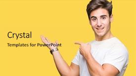  Presentation with finger - Slide set featuring display promotion - young handsome man wearing white background and a  colored foreground