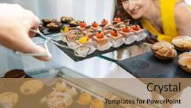  Presentation with confectionery tasty cake pops - PPT theme having displaying - customer woman in confectionery choosing background and a coral colored foreground
