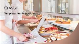  Presentation with pies - Colorful PPT theme enhanced with displaying - women in pastry shop filling backdrop and a coral colored foreground