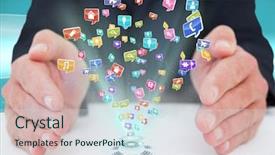  Presentation with futuristic - Presentation design featuring displaying abstract colorful waves light - hands with application icons background and a sky blue colored foreground