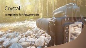  Presentation with displaying - Beautiful PPT theme featuring displaying beautiful river - camera with telephoto lens backdrop and a  colored foreground