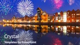  Presentation with new years - Presentation theme with displaying beautiful river - new years firework display background and a ocean colored foreground