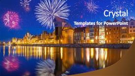  Presentation with new years - Beautiful presentation theme featuring displaying beautiful river - new years firework display backdrop and a  colored foreground