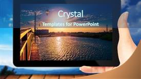  Presentation with hand shake computer - Presentation having displaying beautiful river - tablet computer isolated background and a ocean colored foreground