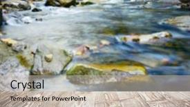  Presentation with wooden board empty table top - Audience pleasing slide deck consisting of displaying beautiful river - wooden table and water cascade backdrop and a soft green colored foreground