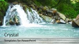  Presentation with wooden board empty table top - PPT theme with displaying beautiful river - wooden table and waterfall background and a sky blue colored foreground