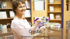  Presentation with displaying - Colorful PPT theme enhanced with displaying book candl - happy shop owner arranging backdrop and a coral colored foreground