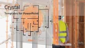  Presentation with hologram - Presentation theme consisting of displaying construction - architect looking out window background and a soft green colored foreground