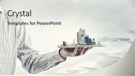  Presentation with cityscape - Amazing PPT theme having displaying construction - hand holding tablet computer backdrop and a sky blue colored foreground