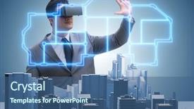  Presentation with virtual reality - PPT layouts with displaying construction - man with virtual reality goggles background and a ocean colored foreground
