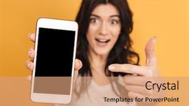  Presentation with camera - Cool new PPT layouts with displaying fun - image of young pretty woman backdrop and a  colored foreground