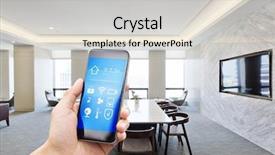  Presentation with phone meeting - Theme enhanced with remote control homeappliances - mobile phone with smart home background and a light gray colored foreground