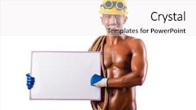  Presentation with builder - Audience pleasing PPT theme consisting of displaying safety gear - naked builder with blank board backdrop and a  colored foreground