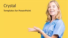  Presentation with medical smiling doctor - Cool new theme with displaying stethoscope - beautiful young doctor woman wearing backdrop and a  colored foreground