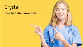  Presentation with helping others two hands woman - Theme having displaying stethoscope - beautiful young doctor woman wearing background and a  colored foreground