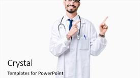  Presentation with hospital - Amazing PPT theme having displaying stethoscope - young doctor man wearing hospital backdrop and a  colored foreground