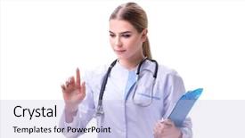  Presentation with pediatrics toddler and doctor - Slides consisting of displaying stethoscope - young woman doctor isolated background and a light blue colored foreground