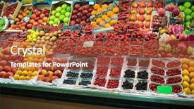  Presentation with displaying - PPT layouts having displaying various colorful - fruits in baskets on market background and a  colored foreground
