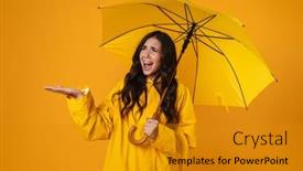  Presentation with under umbrella - Amazing slide set having displeased-beautiful-girl-standing-under backdrop and a gold colored foreground