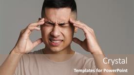  Presentation with headache - PPT theme with displeased-handsome-guy-with-headache background and a coral colored foreground
