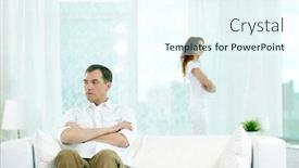  Presentation with standing sitting - Presentation design featuring displeased man sitting on sofa with arms crossed while his wife standing near the window background and a sky blue colored foreground