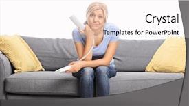  Presentation with speaker - Slide set featuring displeased young woman sitting on a gray sofa and holding a telephone speaker isolated on white background background and a sky blue colored foreground