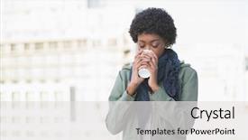  Presentation with happy smiling woman dental health - Beautiful theme featuring disposable cup - happy casual woman drinking coffee backdrop and a white colored foreground