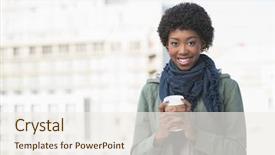  Presentation with happy smiling woman dental health - Colorful slide set enhanced with disposable cup - happy casual woman holding coffee backdrop and a sky blue colored foreground