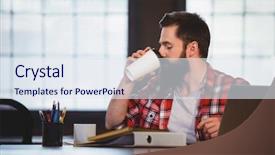  Presentation with creative - Cool new slides with disposable cup - hipster drinking coffee at desk backdrop and a sky blue colored foreground