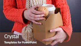  Presentation with black woman - Colorful PPT theme enhanced with disposable cup - woman holds box with coffee backdrop and a tawny brown colored foreground