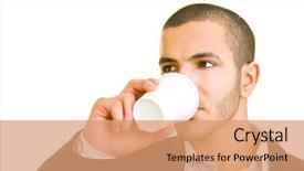  Presentation with 3d man business leader - Presentation theme enhanced with disposable cup - young business man drinking coffee background and a  colored foreground