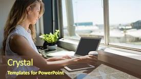  Presentation with laptop - Theme with disposable glass - young businesswoman using laptop background and a  colored foreground