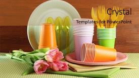 Presentation with tableware - Slide deck consisting of disposal - multicolored plastic tableware on table background and a red colored foreground