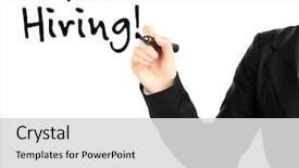  Presentation with hiring - Slides featuring disposition - businesswoman's hand writing now hiring background and a light gray colored foreground