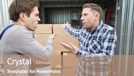  Presentation with emotional intelligence at work - PPT theme featuring industrial conflict - emotional storage worker and container background and a coral colored foreground