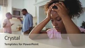  Presentation with sad child parents arguing - Presentation theme with argue - sad girl listening to her background and a light gray colored foreground