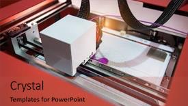  Presentation with machine - Presentation theme having disruptive innovation - three dimensional printing machine background and a red colored foreground