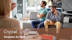  Presentation with salesman - Presentation design featuring dissatisfied-young-customer-with-salesman background and a tawny brown colored foreground