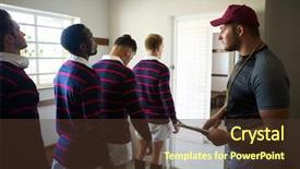  Presentation with rugby players - PPT theme enhanced with disscussion - close up of coach looking background and a tawny brown colored foreground