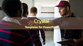  Presentation with locker room - Audience pleasing PPT theme consisting of disscussion - coach motivating rugby team while backdrop and a tawny brown colored foreground