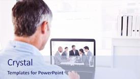  Presentation with young man holdng laptop on lap money - Cool new PPT layouts with disscussion - man with grey hair using backdrop and a  colored foreground