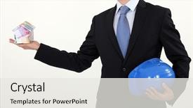  Presentation with house - Amazing PPT theme having dissemination - man holding house made fron backdrop and a  colored foreground